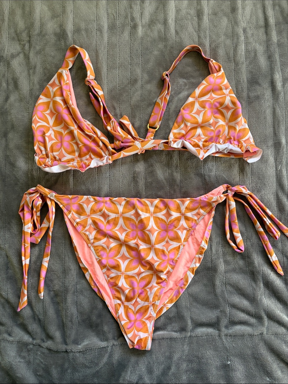Kitty and Vibe Orange Pink Geometric Tie-Side Bikini 2 XL